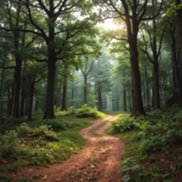 A stunning book cover featuring a realistic photograph of a majestic forest in the background, showcasing towering trees with rich green foliage and soft sunlight filtering through the leaves