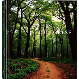 A stunning book cover featuring a realistic photograph of a majestic forest in the background, showcasing towering trees with rich green foliage and soft sunlight filtering through the leaves
