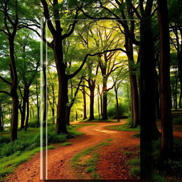 A stunning book cover featuring a realistic photograph of a majestic forest in the background, showcasing towering trees with rich green foliage and soft sunlight filtering through the leaves