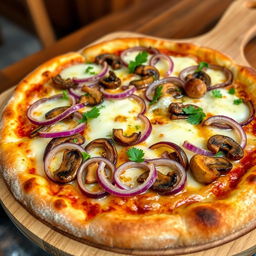 A mouthwatering onion and mushroom pizza, featuring a perfectly baked crust that is golden and crispy