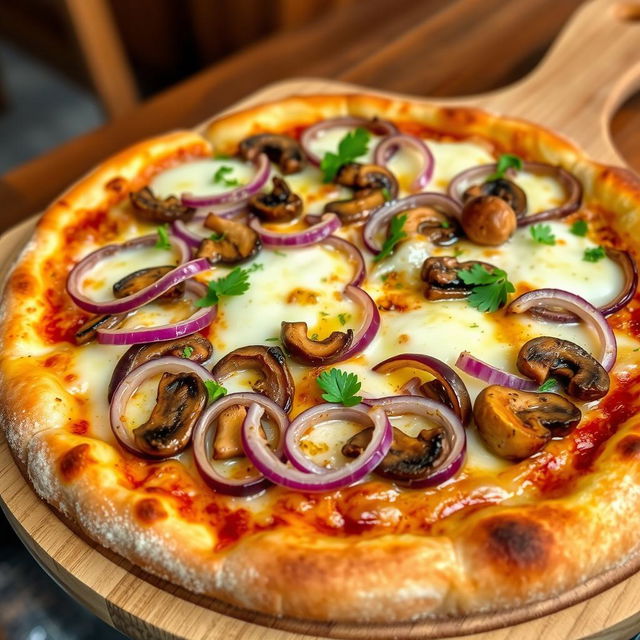 A mouthwatering onion and mushroom pizza, featuring a perfectly baked crust that is golden and crispy