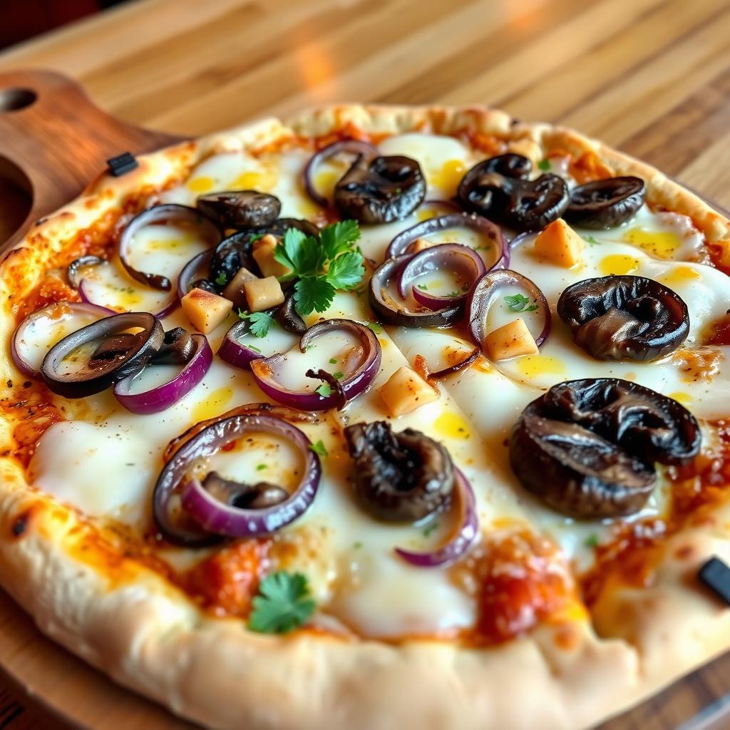 A mouthwatering onion and mushroom pizza, featuring a perfectly baked crust that is golden and crispy