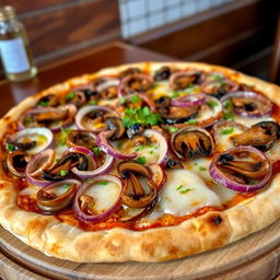 A mouthwatering onion and mushroom pizza, featuring a perfectly baked crust that is golden and crispy