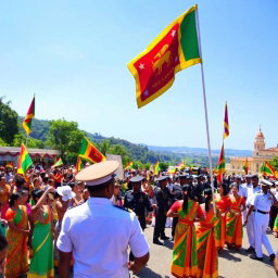 A vibrant scene celebrating Independence Day in Sri Lanka, featuring a large gathering of people dressed in traditional attire, waving national flags