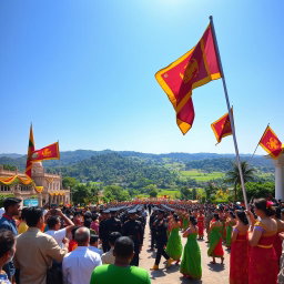 A vibrant scene celebrating Independence Day in Sri Lanka, featuring a large gathering of people dressed in traditional attire, waving national flags