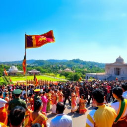 A vibrant scene celebrating Independence Day in Sri Lanka, featuring a large gathering of people dressed in traditional attire, waving national flags