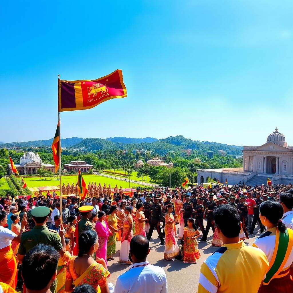 A vibrant scene celebrating Independence Day in Sri Lanka, featuring a large gathering of people dressed in traditional attire, waving national flags