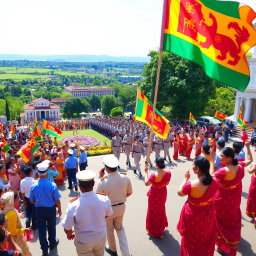 A vibrant scene celebrating Independence Day in Sri Lanka, featuring a large gathering of people dressed in traditional attire, waving national flags