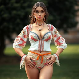 A full-body portrait of a 25-year-old Italian fashion model featuring a thin, fit body and large perky breasts