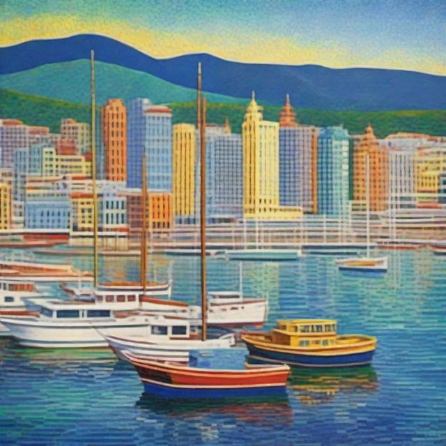 Artwork in the style of Paul Signac. Pointillist cityscape titled 'Ports of Wellington', depicting the vibrant and bustling port city of Wellington, New Zealand in bright, mosaic-like colors.