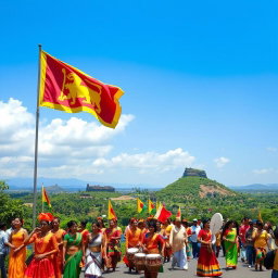 A vibrant celebration of Sri Lanka's Independence Day, showcasing a colorful parade filled with traditional dancers in elaborate costumes, drummers, and performers displaying Sri Lankan culture