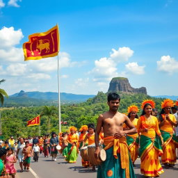 A vibrant celebration of Sri Lanka's Independence Day, showcasing a colorful parade filled with traditional dancers in elaborate costumes, drummers, and performers displaying Sri Lankan culture