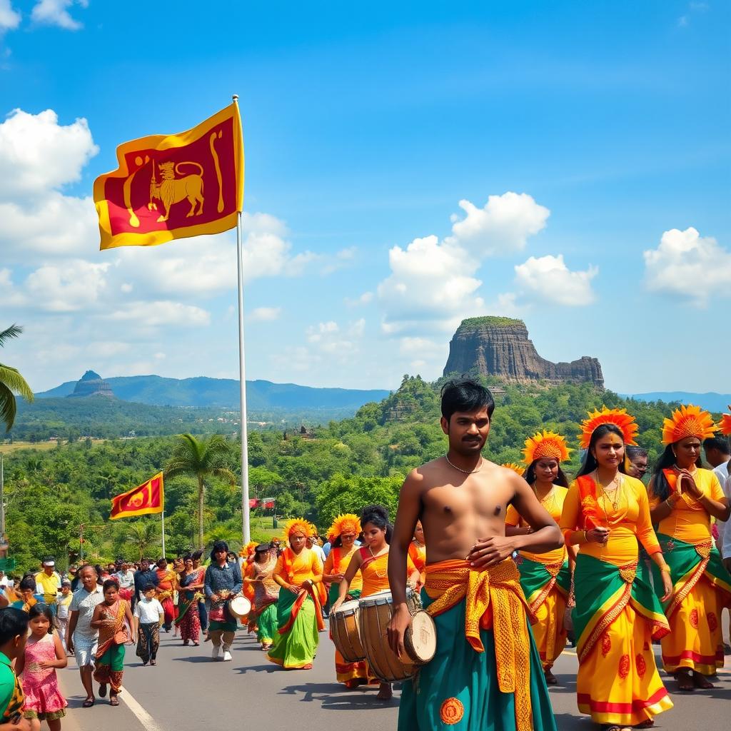 A vibrant celebration of Sri Lanka's Independence Day, showcasing a colorful parade filled with traditional dancers in elaborate costumes, drummers, and performers displaying Sri Lankan culture