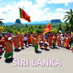 A vibrant celebration of Sri Lanka's Independence Day, showcasing a colorful parade filled with traditional dancers in elaborate costumes, drummers, and performers displaying Sri Lankan culture