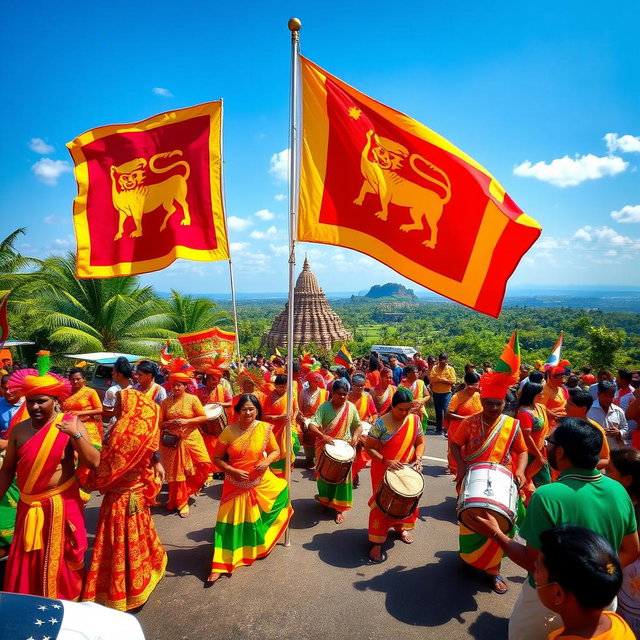 A vibrant celebration of Sri Lanka's Independence Day, showcasing a colorful parade filled with traditional dancers in elaborate costumes, drummers, and performers displaying Sri Lankan culture