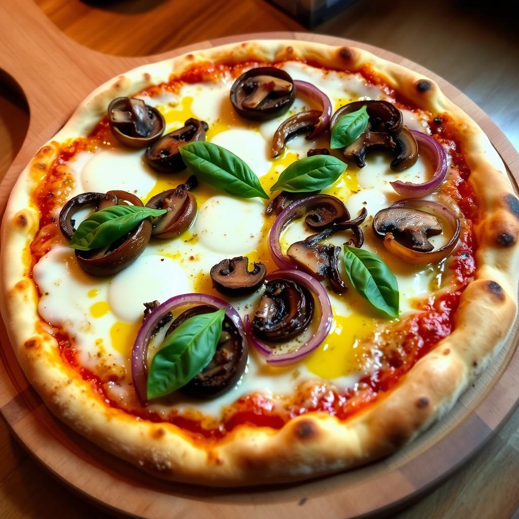 An appetizing onion and mushroom pizza, showcasing a crispy, golden crust topped with a rich layer of melted mozzarella cheese