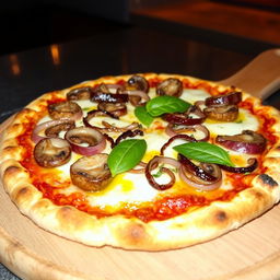 An appetizing onion and mushroom pizza, showcasing a crispy, golden crust topped with a rich layer of melted mozzarella cheese
