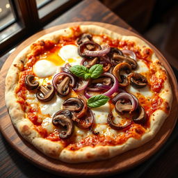 An appetizing onion and mushroom pizza, showcasing a crispy, golden crust topped with a rich layer of melted mozzarella cheese