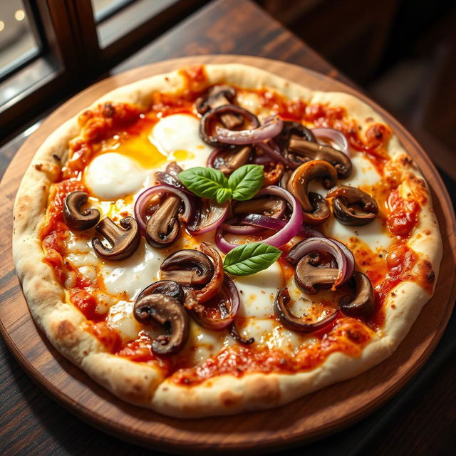 An appetizing onion and mushroom pizza, showcasing a crispy, golden crust topped with a rich layer of melted mozzarella cheese