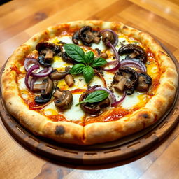 An appetizing onion and mushroom pizza, showcasing a crispy, golden crust topped with a rich layer of melted mozzarella cheese