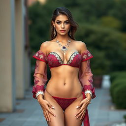 A full-body portrait of a 25-year-old Italian fashion model featuring a thin, fit body and large perky breasts