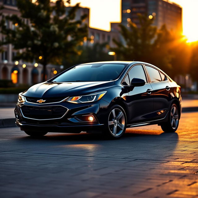 A sleek, dark blue 2017 Chevrolet Cobalt parked in a picturesque urban setting at sunset, with glowing city lights in the background
