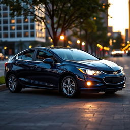 A sleek, dark blue 2017 Chevrolet Cobalt parked in a picturesque urban setting at sunset, with glowing city lights in the background