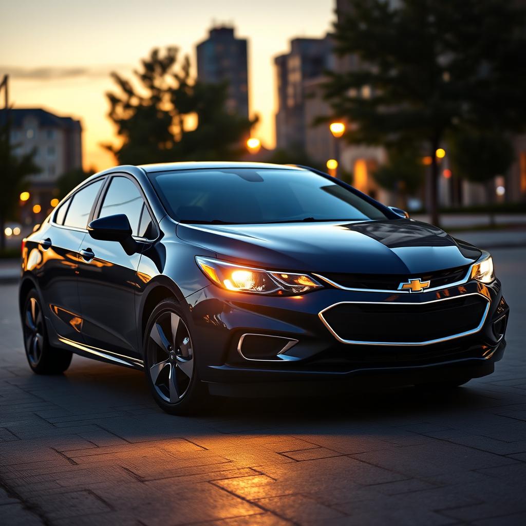 A sleek, dark blue 2017 Chevrolet Cobalt parked in a picturesque urban setting at sunset, with glowing city lights in the background