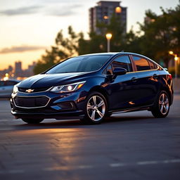 A sleek, dark blue 2017 Chevrolet Cobalt parked in a picturesque urban setting at sunset, with glowing city lights in the background