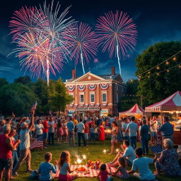 A vibrant and celebratory scene depicting an Independence Day celebration, filled with colorful fireworks lighting up the night sky above a small town