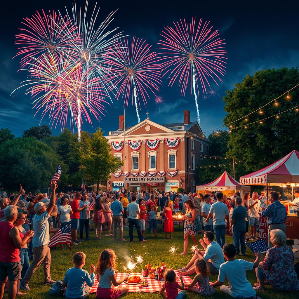 A vibrant and celebratory scene depicting an Independence Day celebration, filled with colorful fireworks lighting up the night sky above a small town