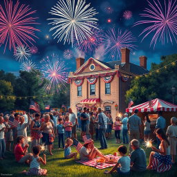 A vibrant and celebratory scene depicting an Independence Day celebration, filled with colorful fireworks lighting up the night sky above a small town
