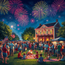 A vibrant and celebratory scene depicting an Independence Day celebration, filled with colorful fireworks lighting up the night sky above a small town