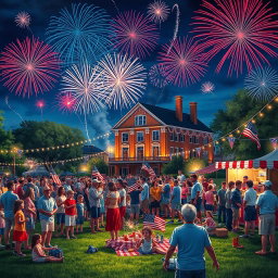 A vibrant and celebratory scene depicting an Independence Day celebration, filled with colorful fireworks lighting up the night sky above a small town