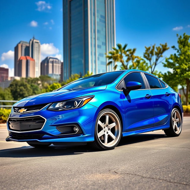 A sleek and modern 2017 Chevrolet Cobalt car in a dynamic setting, showcasing its light gray customized wheels that highlight its stylish design