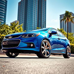 A sleek and modern 2017 Chevrolet Cobalt car in a dynamic setting, showcasing its light gray customized wheels that highlight its stylish design