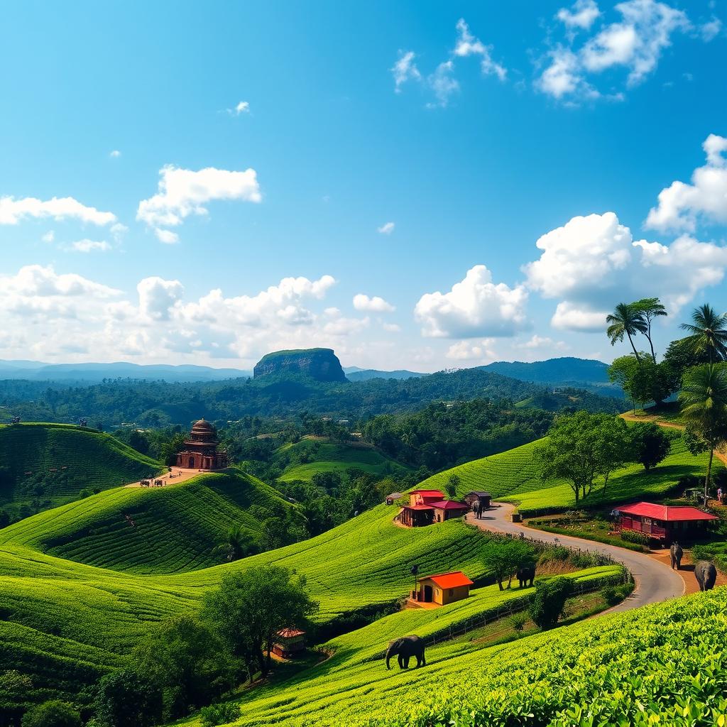 A breathtaking landscape of Sri Lanka featuring lush tea plantations cascading down rolling hills, vibrant local fauna and flora, and the iconic Sigiriya rock fortress in the background