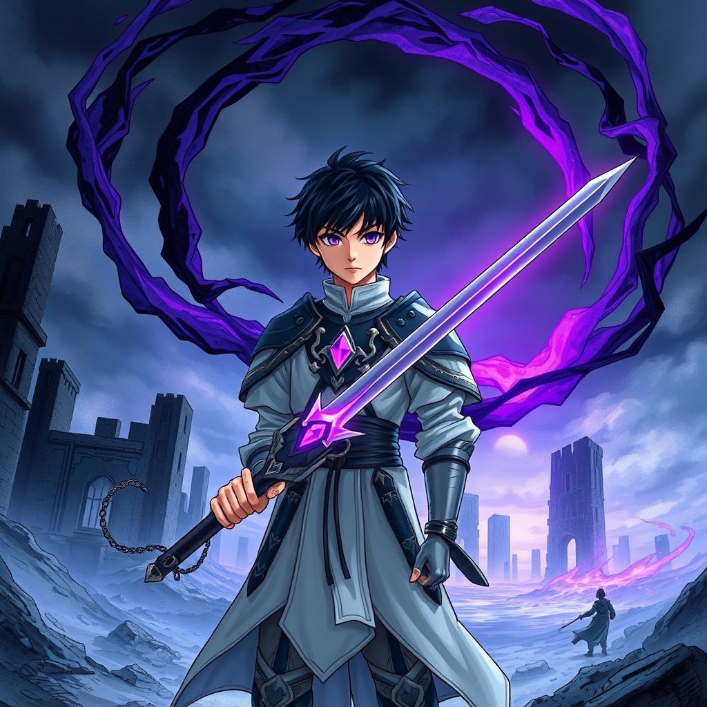 A manhua-style book cover featuring a young warrior with short black hair and determined eyes, wearing light armor adorned with dark and elegant details