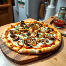 A delicious onion and mushroom pizza, showcasing a perfectly baked thin crust that is golden and crispy