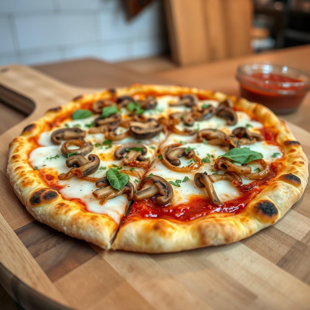 A delicious onion and mushroom pizza, showcasing a perfectly baked thin crust that is golden and crispy