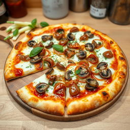 A delicious onion and mushroom pizza, showcasing a perfectly baked thin crust that is golden and crispy