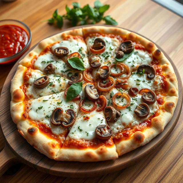 A delicious onion and mushroom pizza, showcasing a perfectly baked thin crust that is golden and crispy