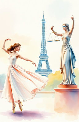 A beautiful watercolor painting showcasing a dancer gracefully moving in the foreground