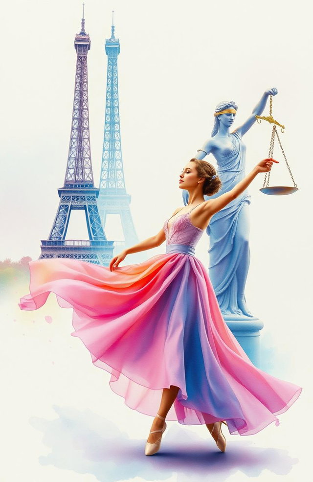 A beautiful watercolor painting showcasing a dancer gracefully moving in the foreground