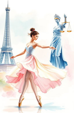 A beautiful watercolor painting showcasing a dancer gracefully moving in the foreground