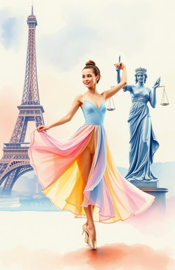 A beautiful watercolor painting showcasing a dancer gracefully moving in the foreground