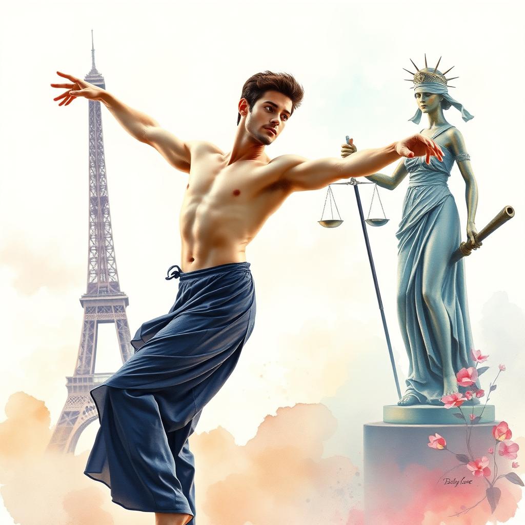 A stunning watercolor painting depicting a male dancer in an expressive pose in the foreground