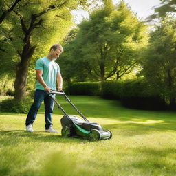 A man engaged in the peaceful activity of mowing a lush green lawn, pushing a modern lawnmower on a sunny day, sweat glistening on his forehead.