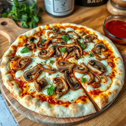 An appetizing onion and mushroom pizza, featuring a perfectly baked thin crust that is both crispy and golden