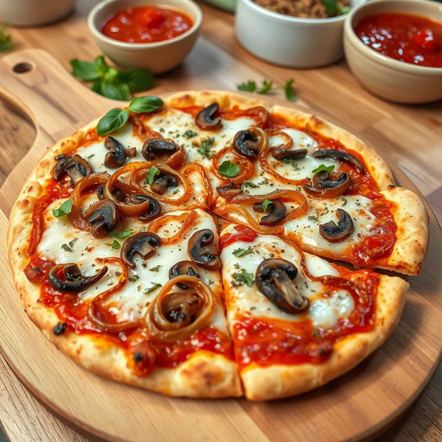 An appetizing onion and mushroom pizza, featuring a perfectly baked thin crust that is both crispy and golden